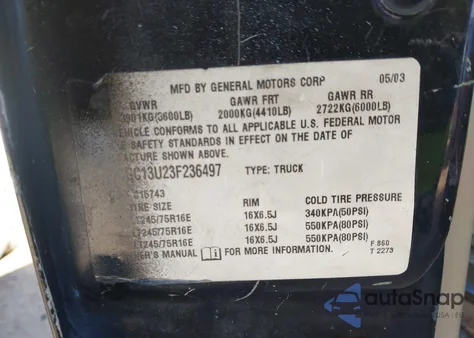 2003 Chevrolet Silverado 1500Hd Lt z USA, uszkodzony, nr VIN 1GCGC13U23F236497